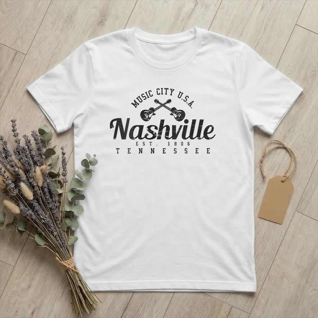 Neuheit Nashville Tennessee Country Musik T-Shirts Unisex Rundhals Reines Baumwoll-T-Shirt Gitarrenstadt T-Shirt Geschenkidee Kleidung