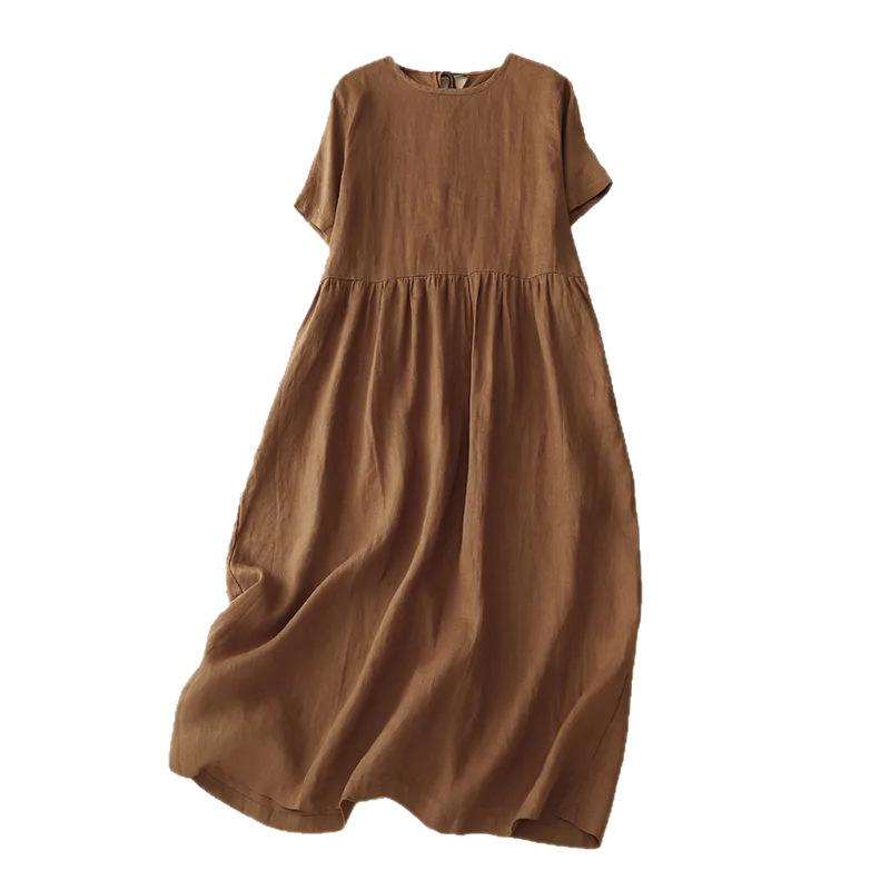 Summer Cotton Linen Women Dresses Vintage Short Sleeve Casual Loose Back Bandage Harajuku Party Club Dress with Pockets