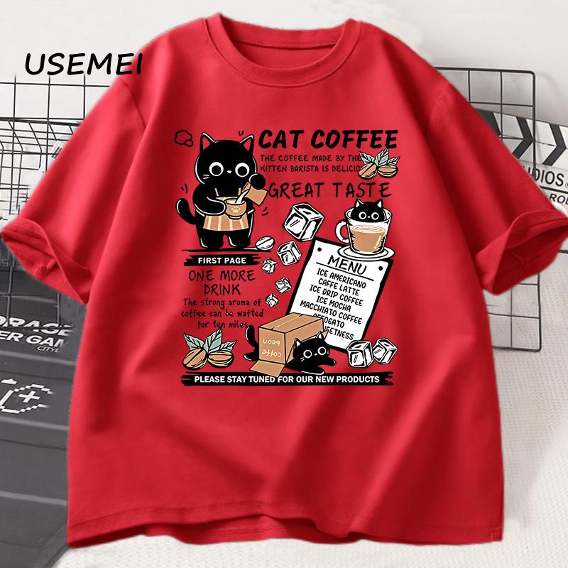 Funny Cat Make Coffe Print T Shirt For Unisex Unisex Tshirt Summer Loose Cotton Short Sleeve Trendy Y2k Tops Unisexs Designer Clothes