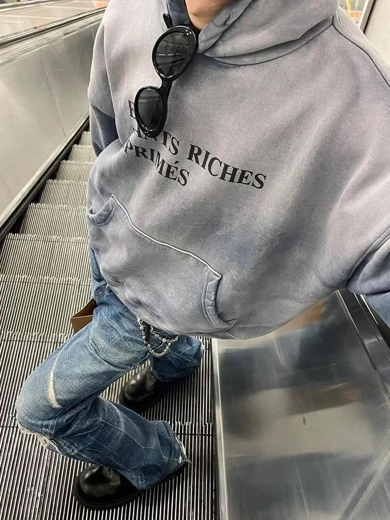 ERD Distressed Second Gen Letter Print Hooded Sweatshirt