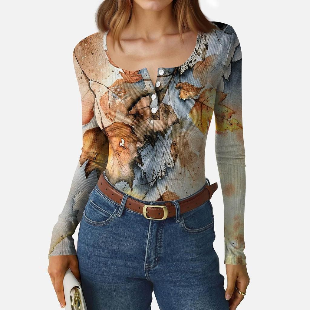 Women's Slim Bottom T-shirt Fashion Casual Gradient Printing Round Neck Pullover Long Sleeve Top