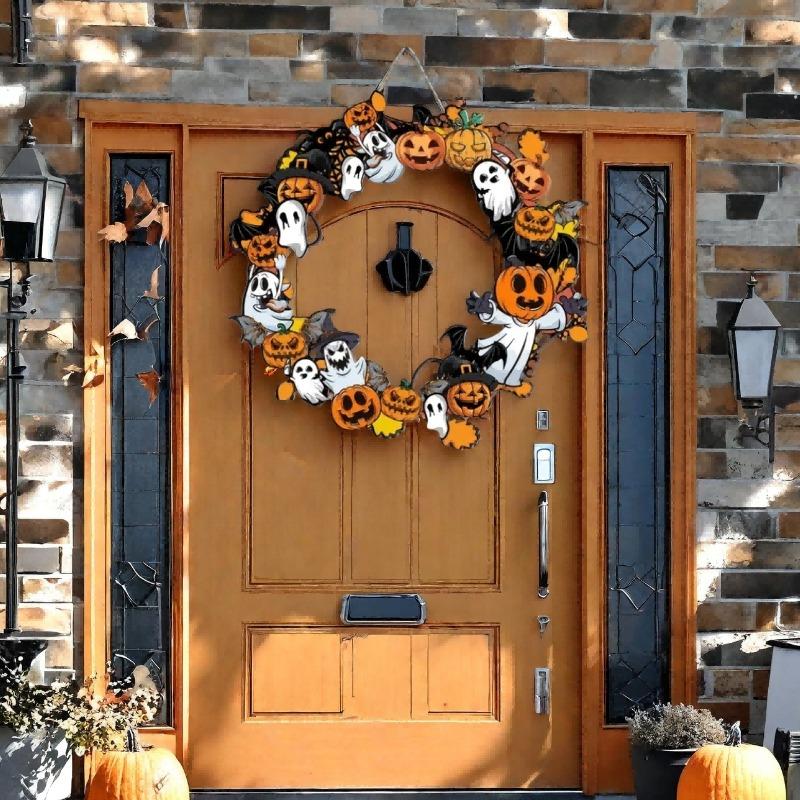 Halloween Holzkranz mit Fledermäusen - Gruselige Wandbehang-Dekoration für Halloween Türdeko, Englischer Text, Halloween-Dekoration