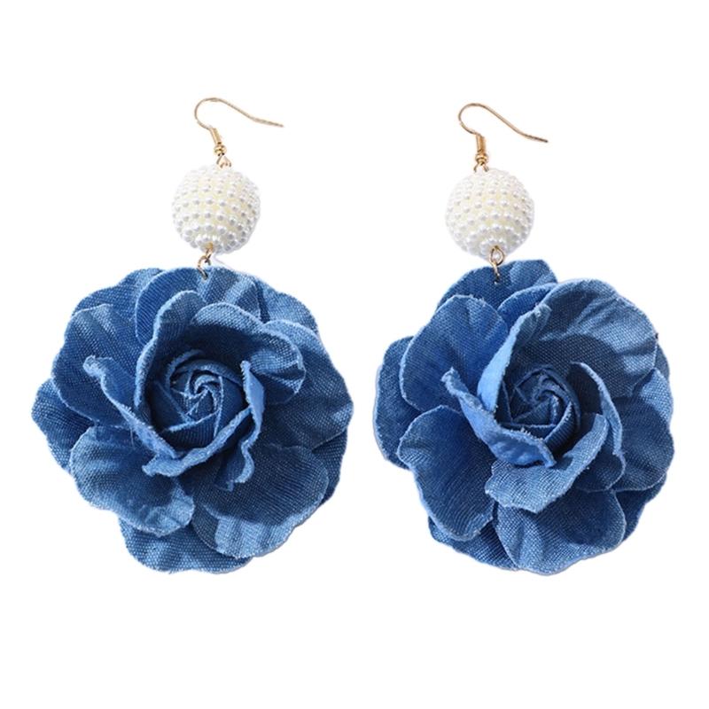 Floral Drop Earrings Lightweight Camellia Earrings Allergy Free Blue Flower Ear Pendants Handmade Denims Ornament