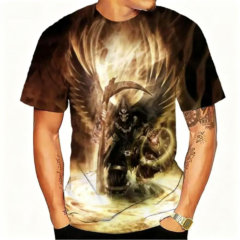 Summer Round Neck 3D Grim Reaper Skull Graphic Print Top Fashionable Casual Short Sleeved Men's T-shirts