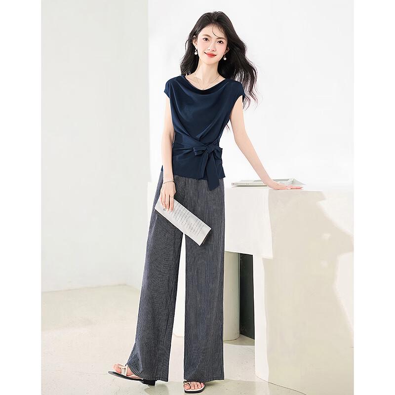 Women's Elegant Tie-Sleeve Top & Striped Pants Set