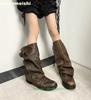 Fashion Women's Belt Buckle Pleated Loose Boots Black Thick Heel Retro Long Trousers Boots 2025 Winter Fashion Flats Knee-High Boots