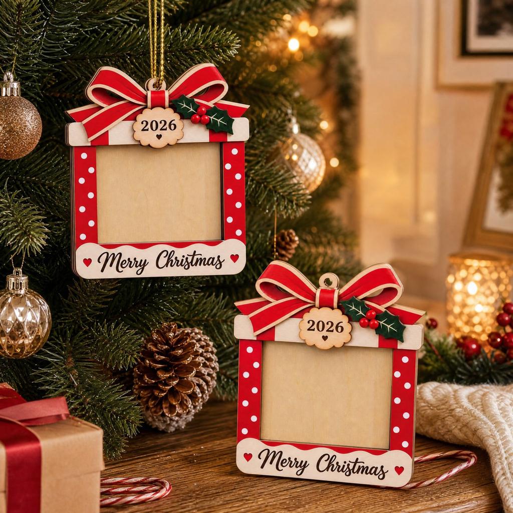 Wooden Christmas Tree Photo Ornament, Family Keepsake Hanging Decoration for Christmas Tree
