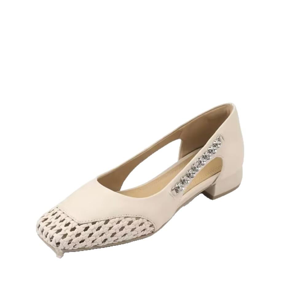 Sheepskin Version~ Retro Grid Splicing Hollow and Breathable Shallow Mouth Single Shoes, One Pedal Square Head Leather High Heels Women