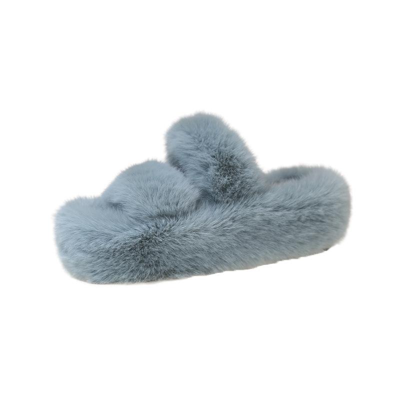 Foreign trade large-size fluffy slippers for women's outer wear 2025 new Korean version of home furnishing autumn and winter one-word thick-soled cott