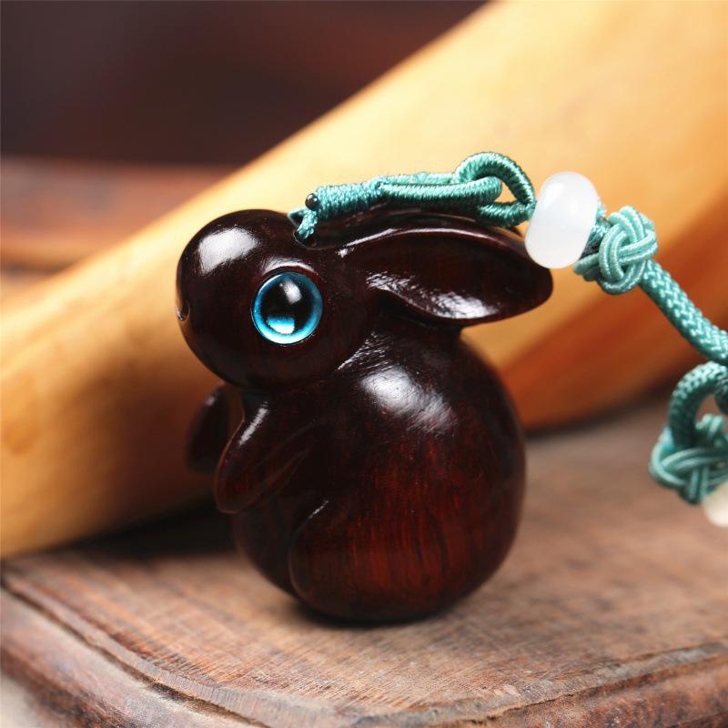 Red & Green Sandalwood Jade Rabbit Car Pendant Phone Keychain Ornament Gift
