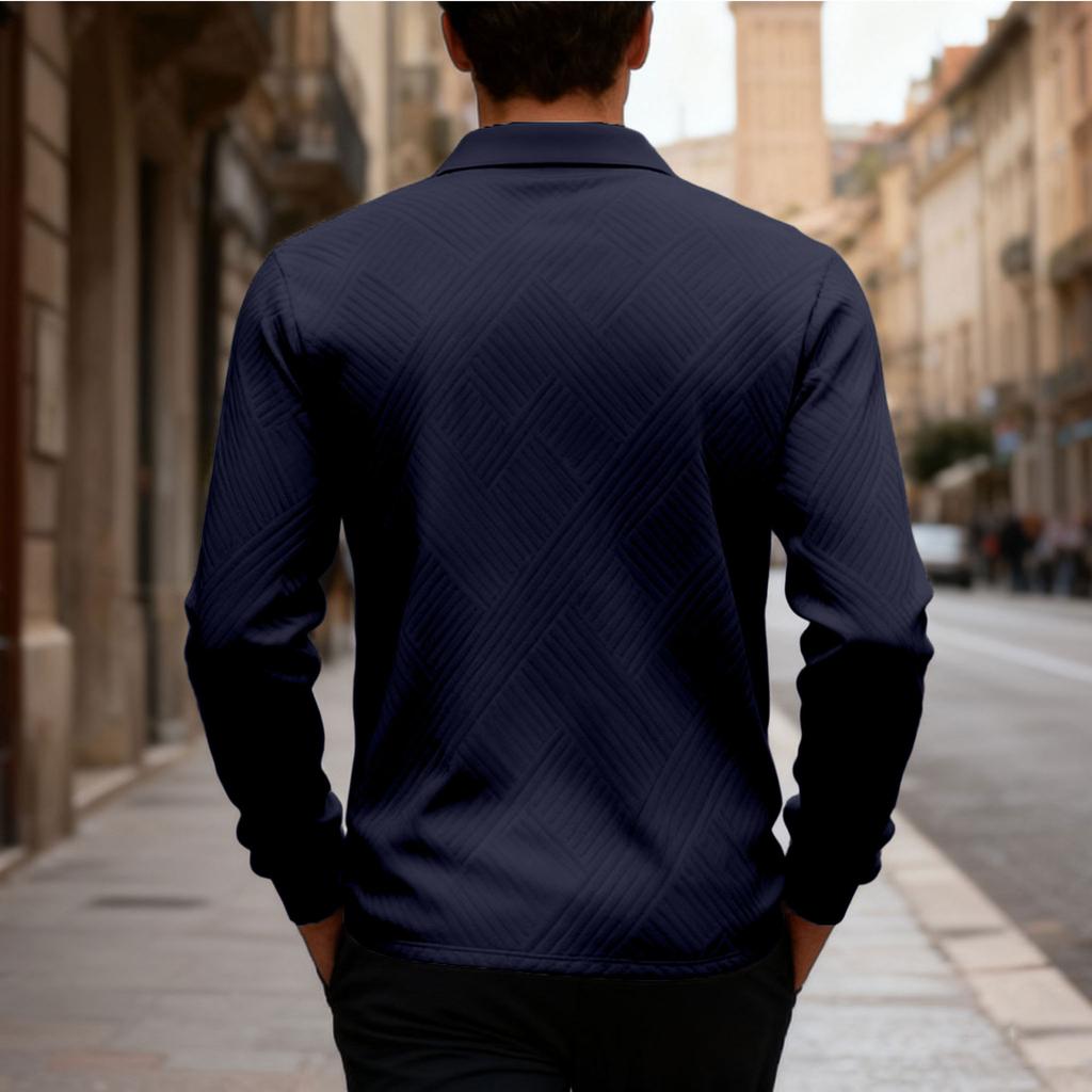New Men's Solid-Colour Relaxed-Fit Casual Polo Shirt Long-Sleeved Button-Down Collar Jacquard Textured Sweatshirt