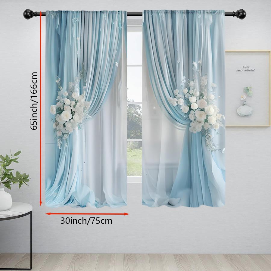 2PCS Blue White Rose Flower Curtains, Elegant Floral Print, Window Drapes for Living Room Bedroom Home Decoration