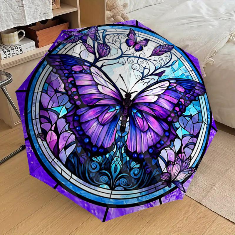 Stained Butterfly Design Automatic Opening Folding Umbrella with 8-Bone Iron Frame, Suitable for Fans, Travel, Daily Use, and Gift Giving112