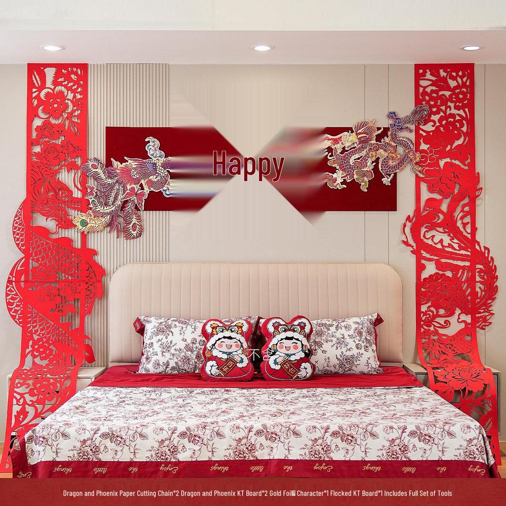 Dragon & Phoenix Wedding Room Decorations: Festive Wall Streamers Set for Bedroom & Living Room Celebration