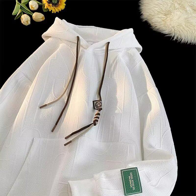 

Men s Trendy Jacquard Drawstring Hooded Sweatshirt - Autumn/Winter Versatile Loose Fit XL білий