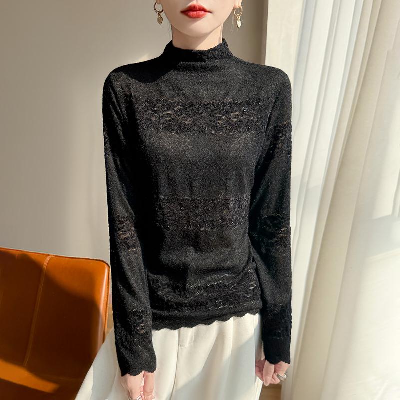 Women's Chic High-Neck Lace Trim Jacquard Knit Sweater