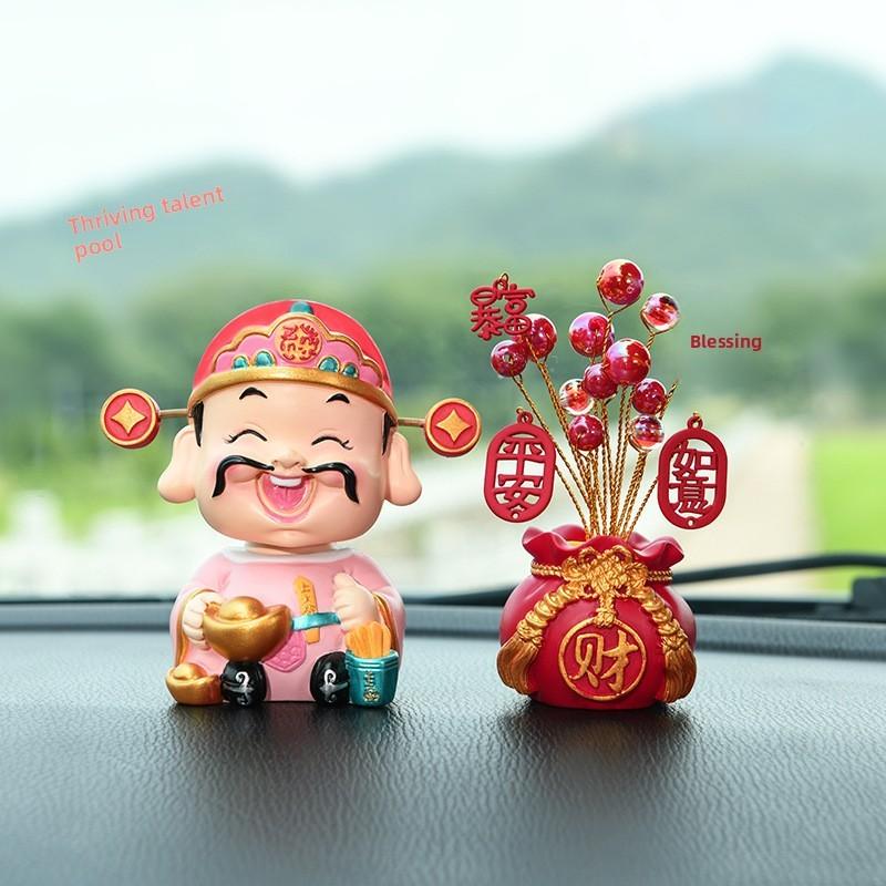 Feng Shui Resin Fortune God Car Ornament With Moving Head For Prosperity And Celebration