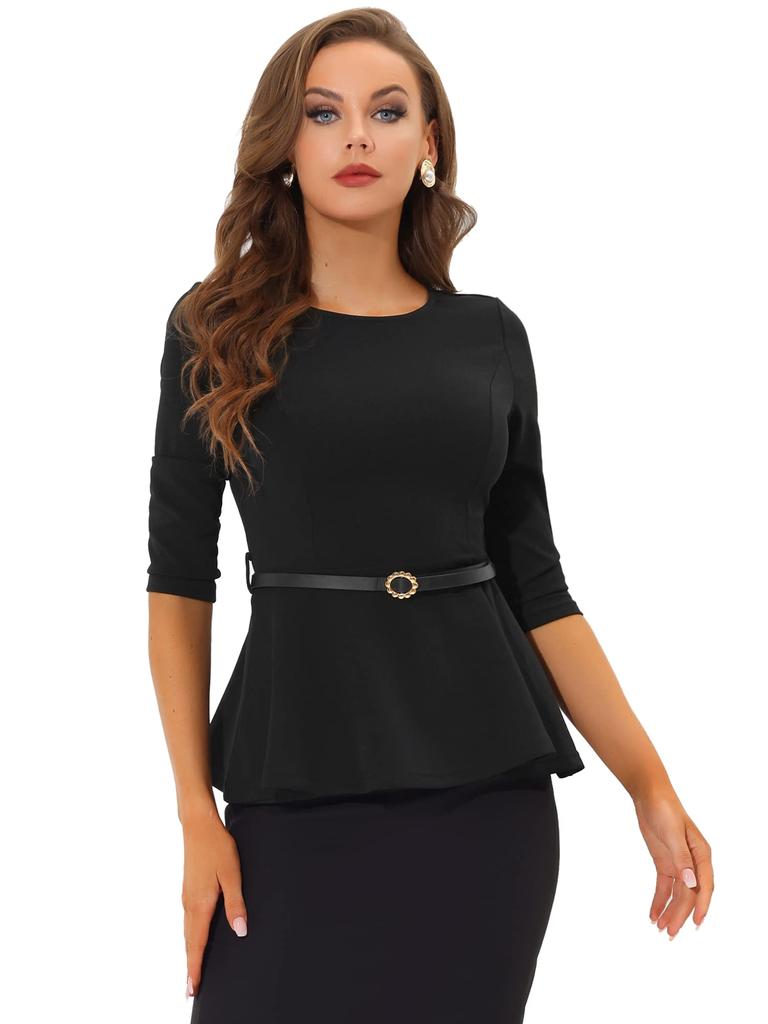 Allegra K Peplum Blouse with Round Neck and Elegant Size S Women's 3/4 Sleeves, Belted, Workwear, Black,