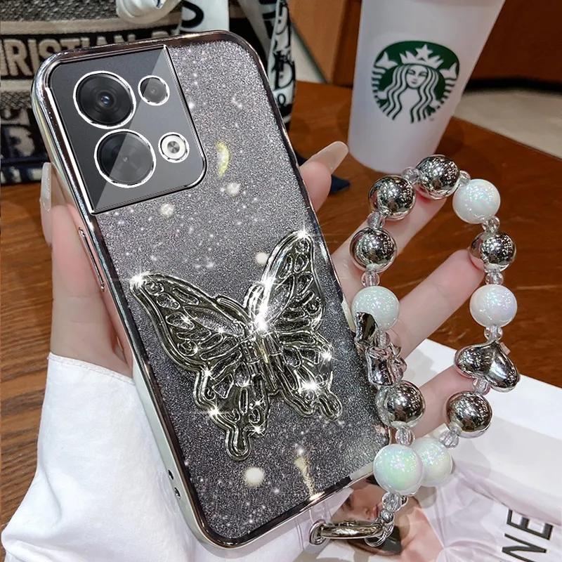 3D Butterfly Phone Holder Bead bracelet Glitter Plating Case for OPPO Reno 8 7 Pro Plus 4G 5G Back Cover