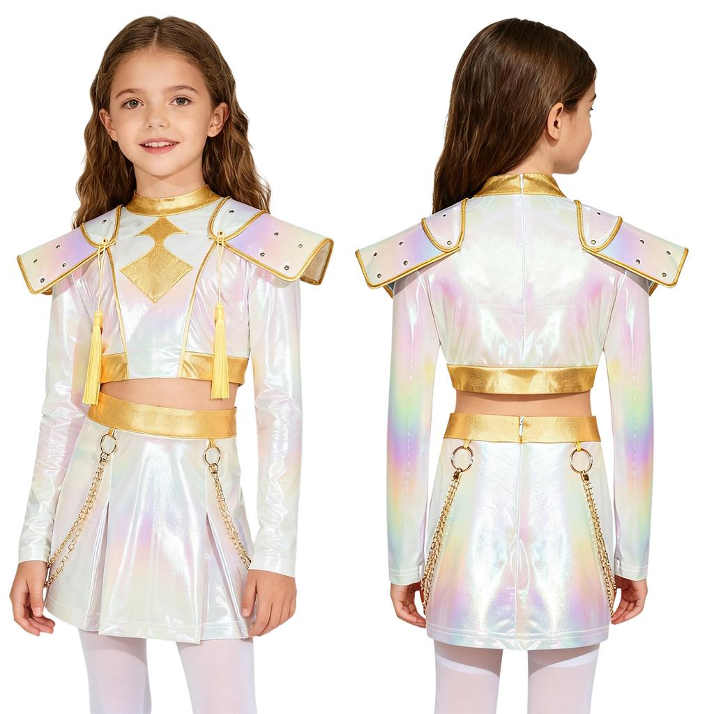 Kids Girls Anime Character Cosplay Outfit Iridescent Gloss Contrast Color Mock Neck Long Sleeve Chest Tassels Decor Back Invisible Crop Top and Matche