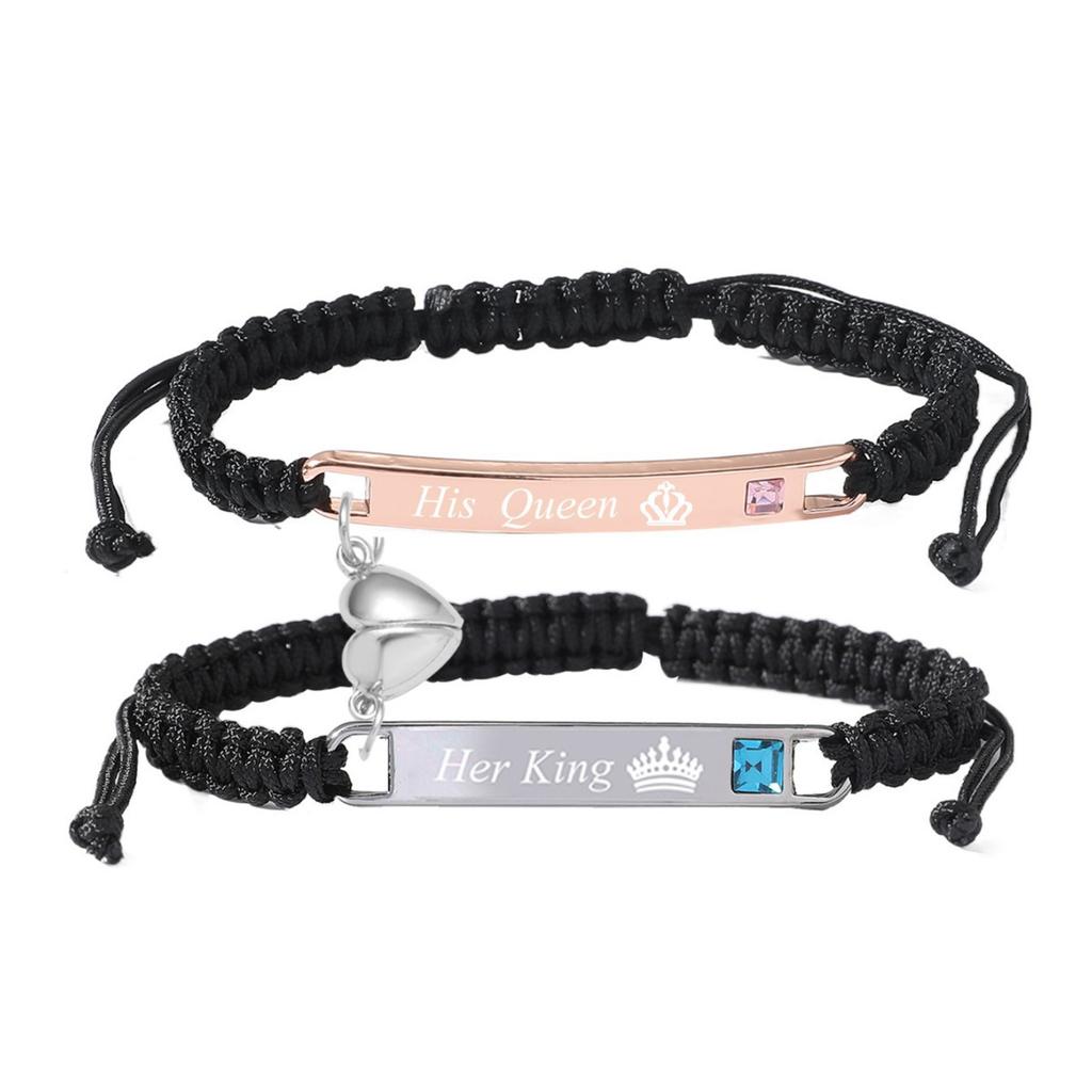Personalized Custom Engraved Love Stainless Steel Magnetic Clasp Woven Cord Couple Matching Bracelet Set for Him Her