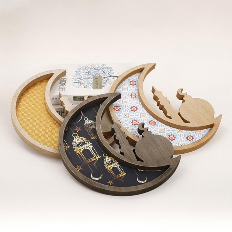 Eid Moon Tray Food Serving Plate Eid Decorations Festival Decorative Plate Wood Texture for Eid Festival Home Decors