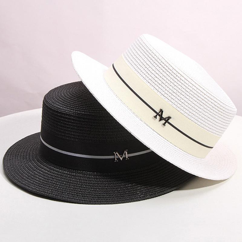 Straw hat women's summer flat top small top hat beach vacation hat straw woven hat sun hat