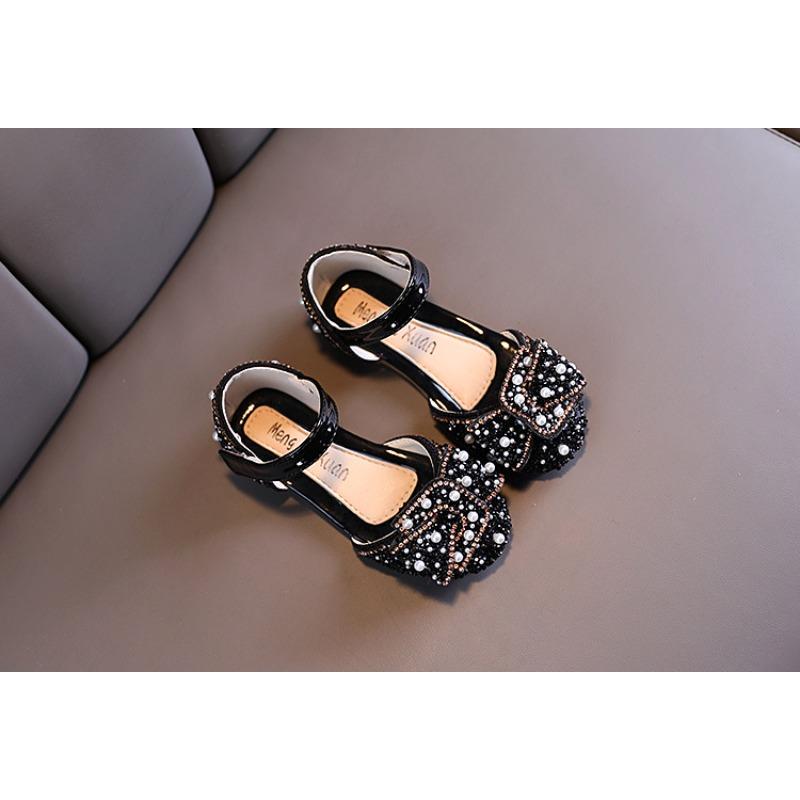 Girls’ Single Shoes Spring/Autumn New Arrival Pearl Rhinestone Bow Small/Middle Child Dance Shoes Performance Shoes Semi-open Shoes