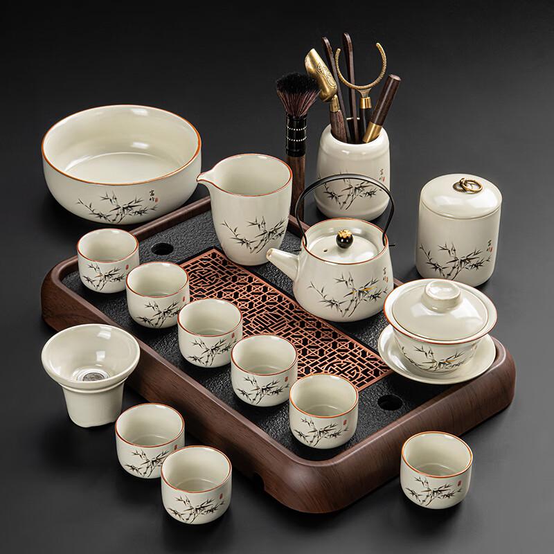 15-Piece Chinese Ru Kiln Tea Ceremony Set with Ebony Tray