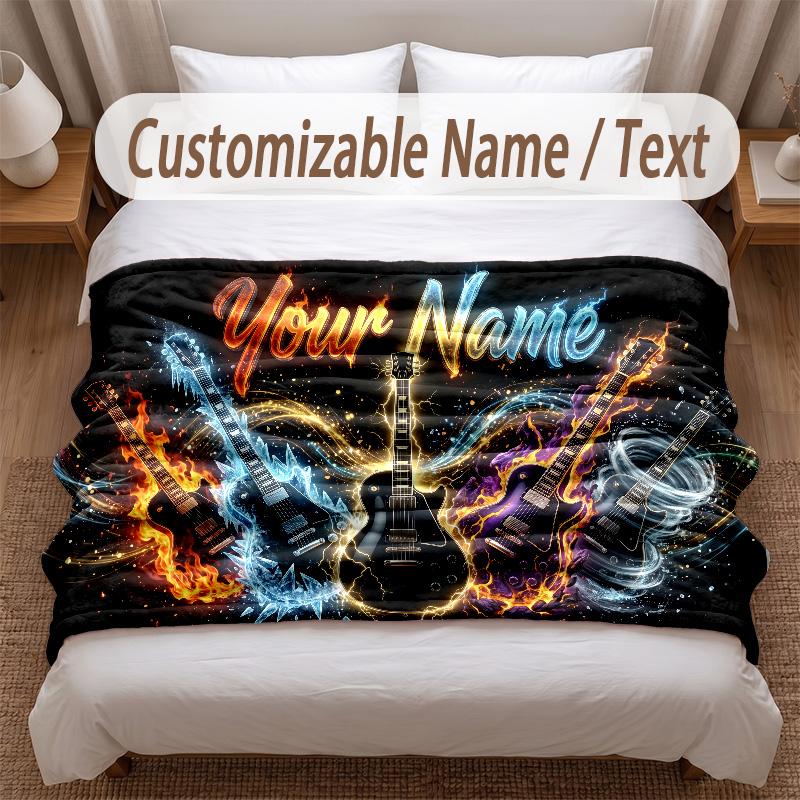Music Guitar Theme Soft Blanket Personalized Custom Name Text Print Warm Blanket Home Sofa Bedroom Decor