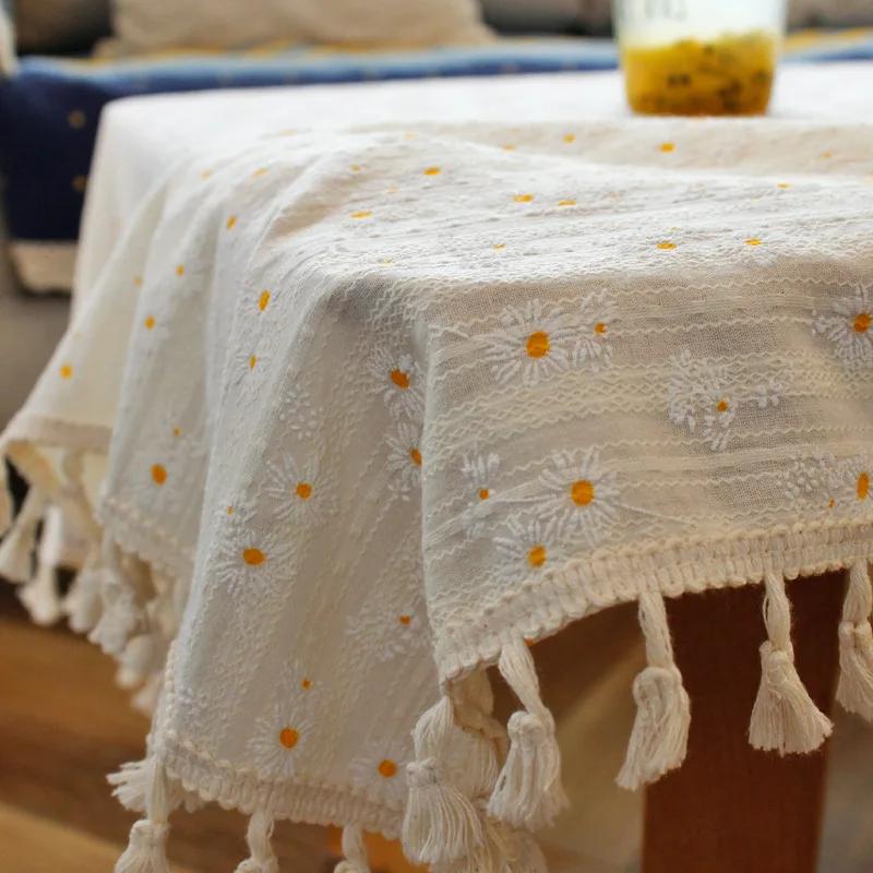 Daisy Tassels Cotton Tablecloth For Bedroom Rectangle Dining Table Cover Party Tablecloth Dustproof Desk Cover Living Room Decor