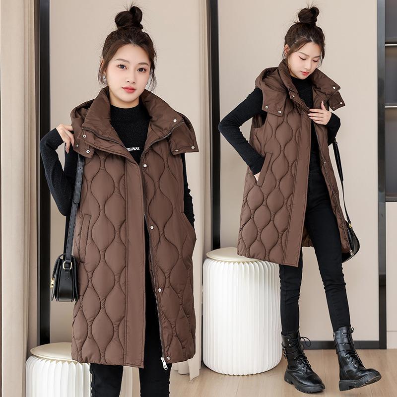 Autumn and Winter Women's Solid Color Vest Hooded Loose Long Windproof Warm Sleeveless Women's Jacket