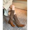 Leather Maillard Tall Knight Boots Women's Sweet and Cool Splicing Boots 2025 Autumn and Winter Retro Round Head Flat Boots