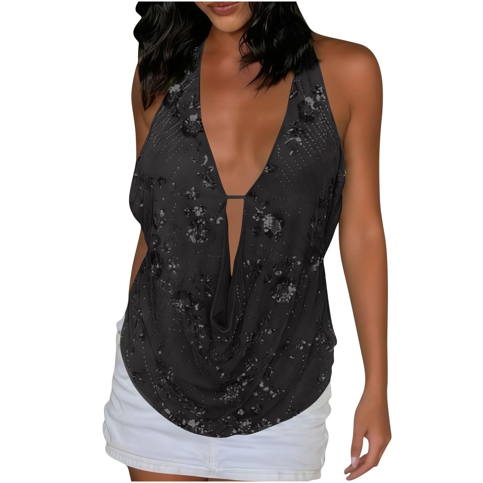 

Ladies Hollow Sequined V-neck Sleeveless Hanging Neck Backless Slim Fit Top L