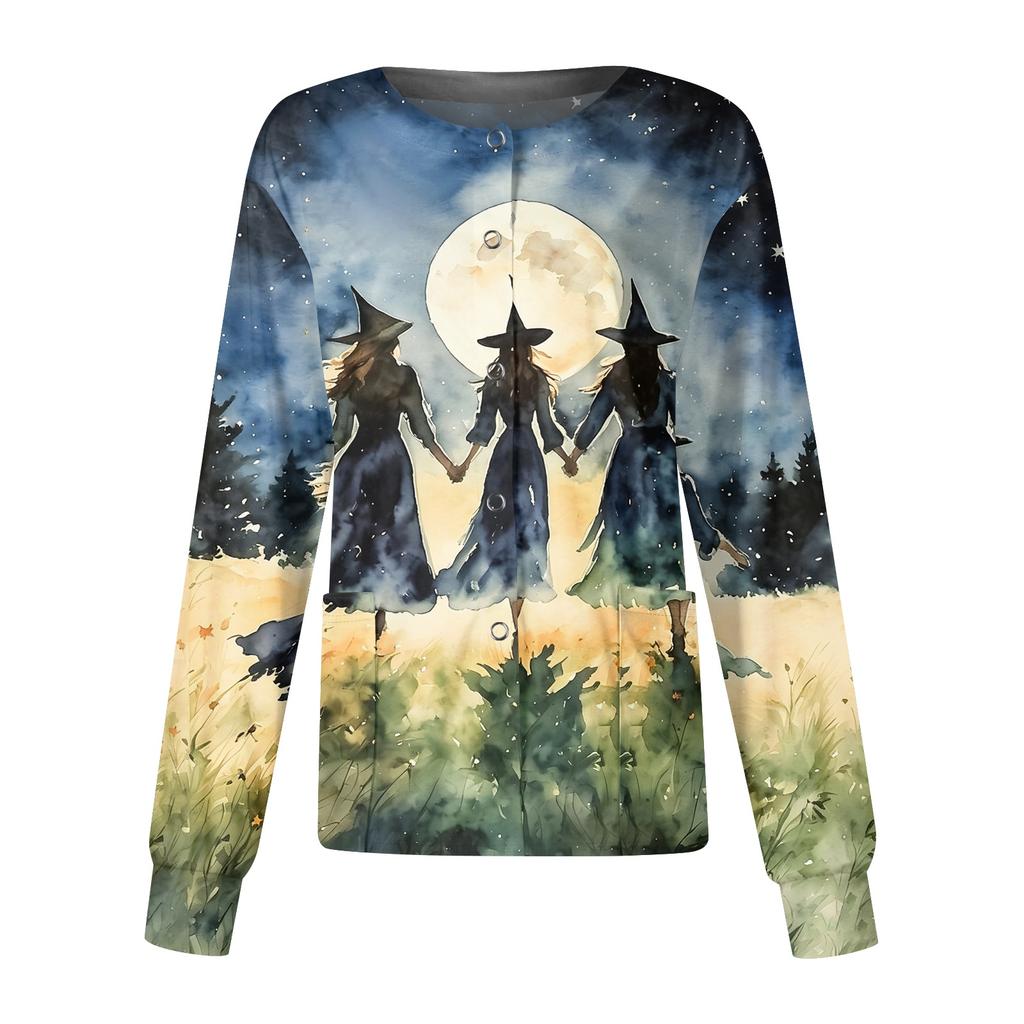 Women's Halloween Printed Long Sleeve Single Breasted Cardigan Top for Costume Party