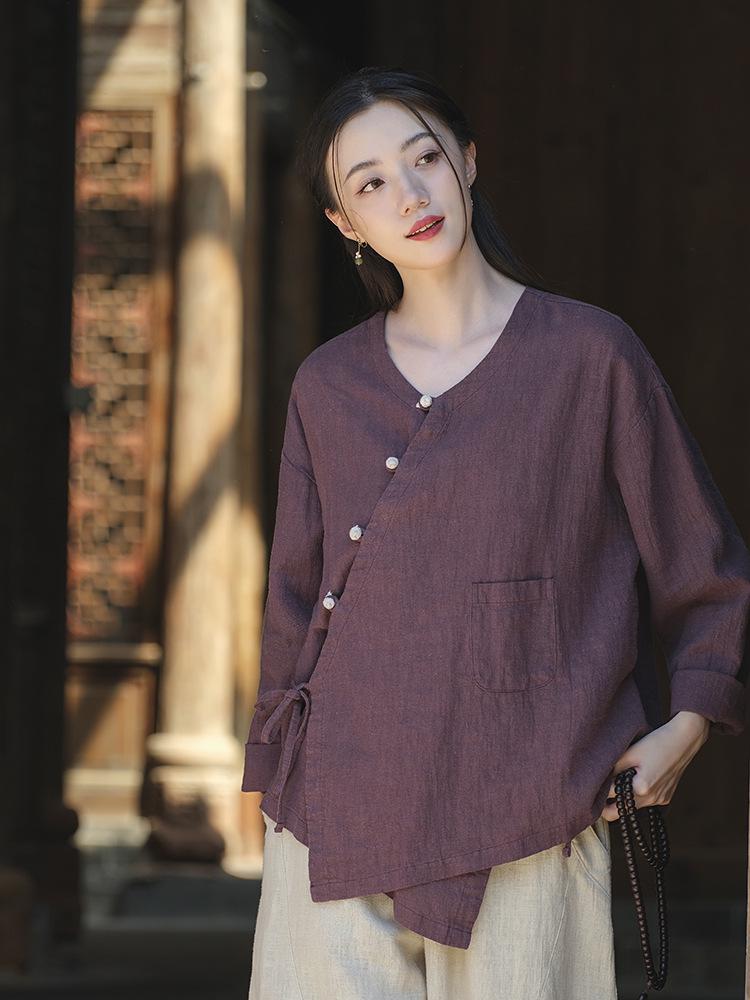 

Autumn Women s Retro Linen Cardigan with Frog Button and Color Block Design One Size