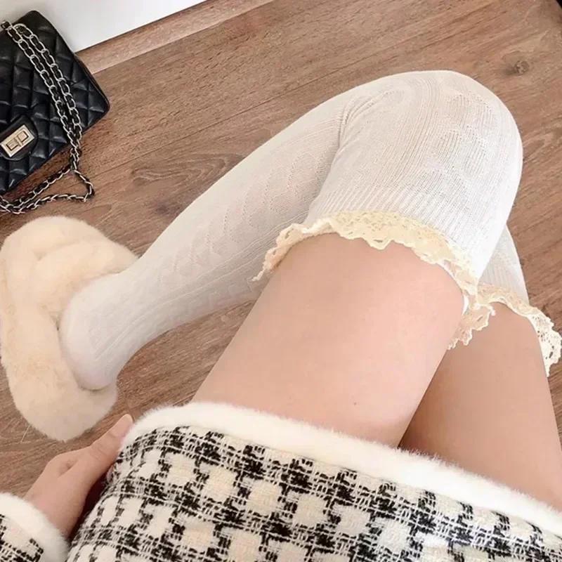 Sweet Lace Thigh High Socks Japanese Style Knitted Long Socks JK Lolita Black White Stockings Women Girls
