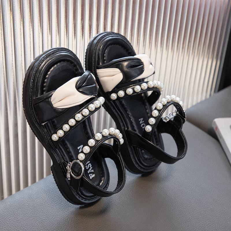 

Детские сандалии для девочек, детская мода, плиссированные, с жемчугом, с открытым носком, универсальные, плоские, нескользящие, принцесса, повседневные, лето 2024 г. 26 чёрный