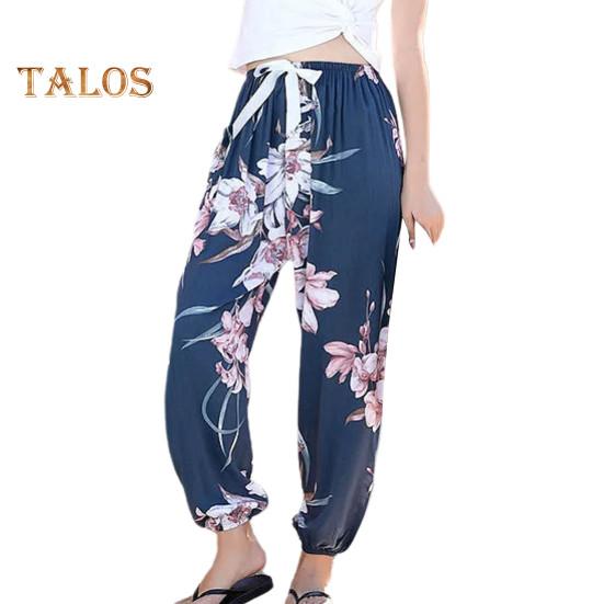 

Женские летние шаровары с эластичной резинкой на талии, широкие брюки с цветочным принтом, пляжные брюки, повседневные брюки для отдыха и путешествий темно-синий