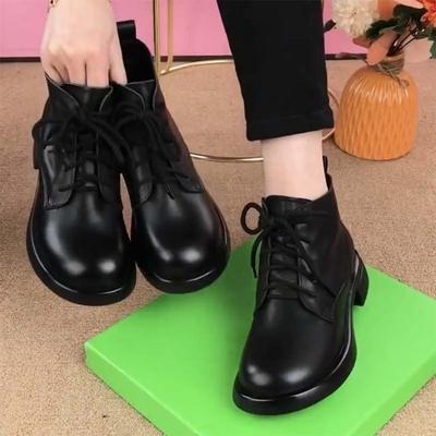 Round Head Thick Heel Martin Boots Women's 2025 Autumn and Winter New Short Boots Soft Leather Soft Sole British Style Fashion Short Cotton Boots Wome