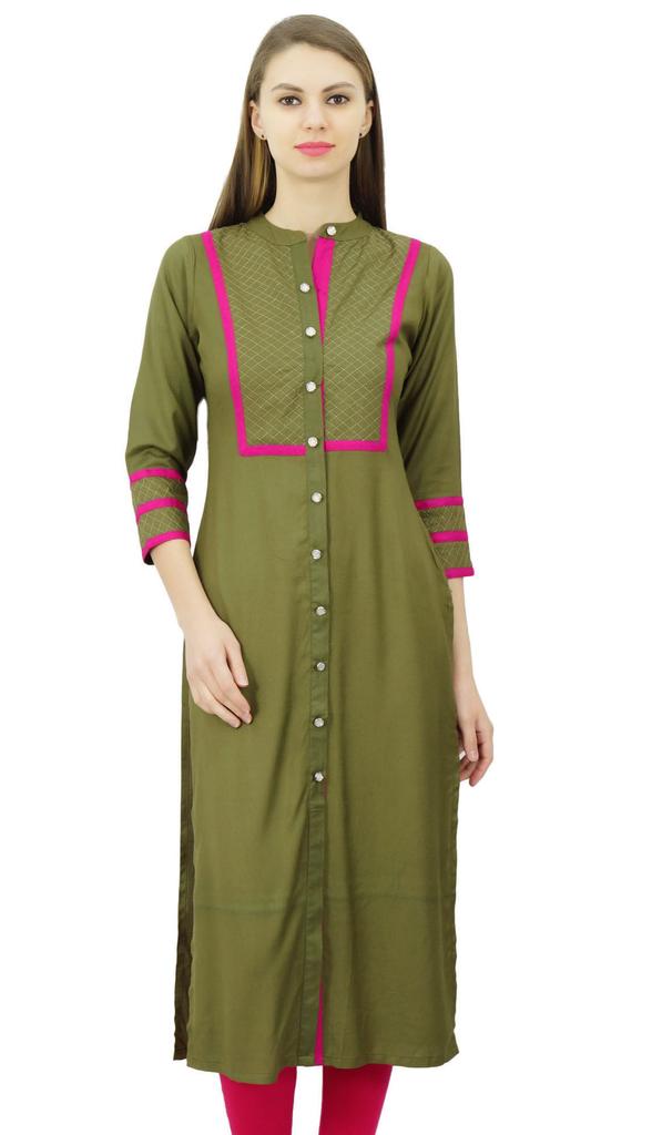 Phagun Womens Rayon Straight Tunic Kurta Open Front Kurti Mandarin Collar Indian
