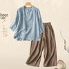 Southeast Asia Retro Embroidered Cotton-Linen Two-Piece Set: Seven-Sleeve Shirt & Wide-Leg Pants