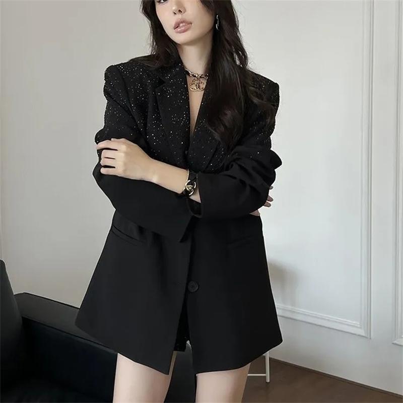 Φθινοπωρινό και Χειμερινό Γυναικείο Κοστούμι με Γιακά, Στρας, Λαμπερά Κουμπιά, Μακρυμάνικη Άνετη Εφαρμογή, Λεπτή Μπλούζα