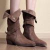 Pointed Toe Women Mid Heels Suede Mid Calf Boots Fashion Buckle Shoes 2025 Designer Elegant Short Boots New Dress Chunky Pumps
