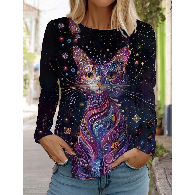 Art Cute Cat Women's Long Sleeves T-Shirt 3D Print Clothing Autumn Fashion Animal Clothing Holiday Gift Clothing Party T-Shirt