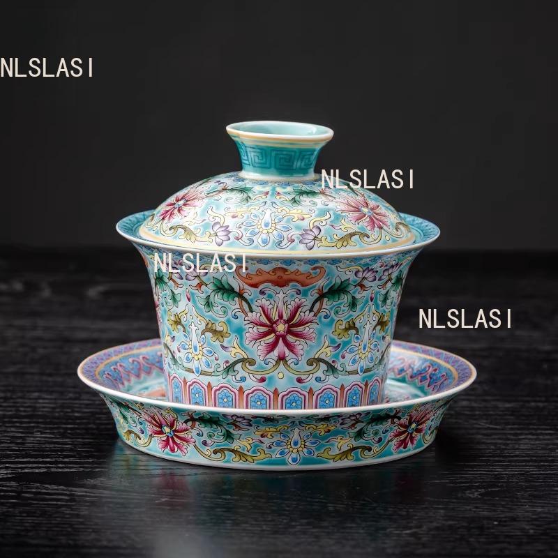 120ml Enamel Ceramic Lid Bowl Chinese Style Tea Bowl with Lid Household Large Capacity Tea Cup Kung Fu Tea Set Drinking Utensils