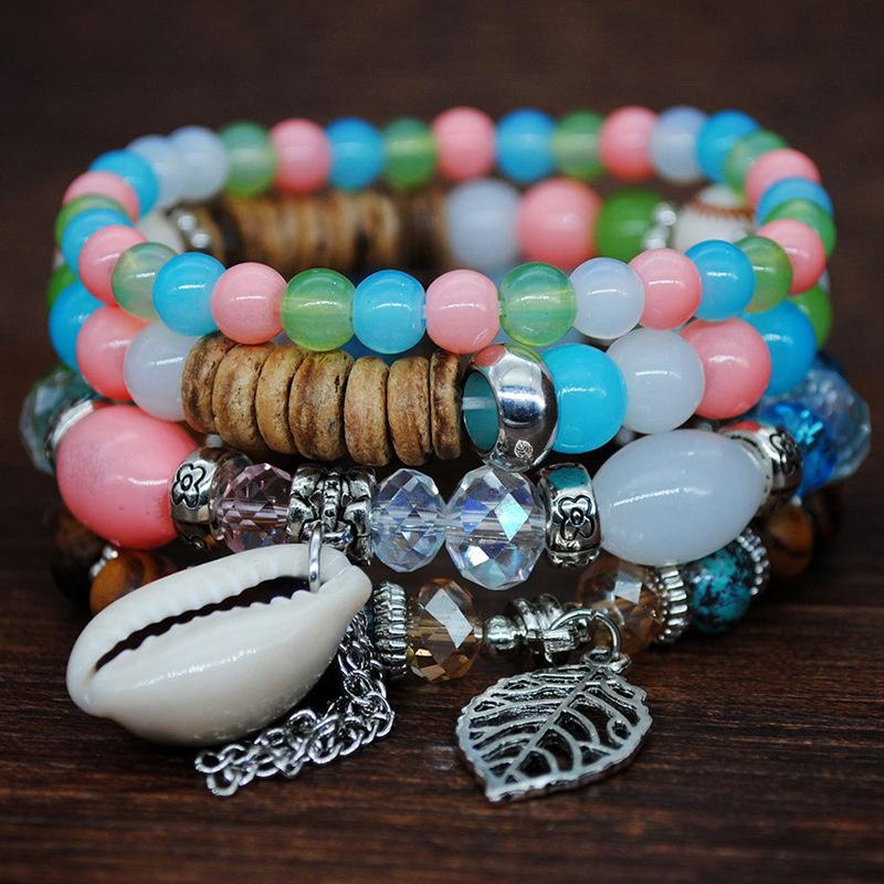 Bohemian Multi-Layer Shell Bracelet, Leaf Pendant, Crystal Resin Bracelet, Personalized Rice Bead Bracelet Generation