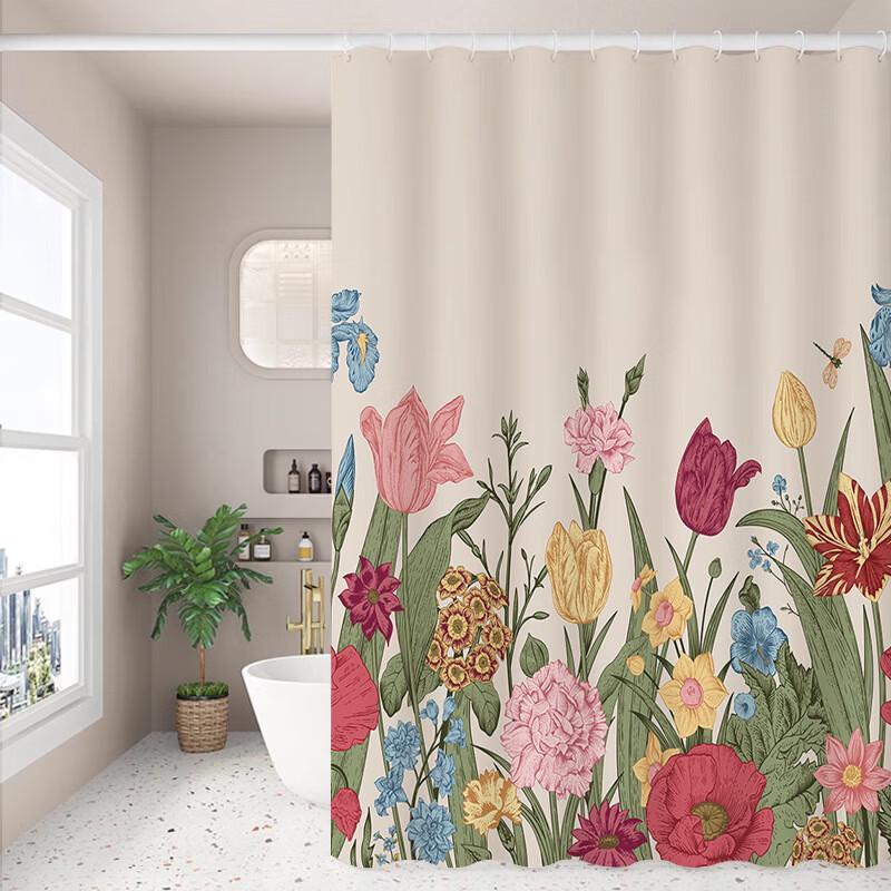 Floral Polyester Shower Curtain Set with Telescopic Rod