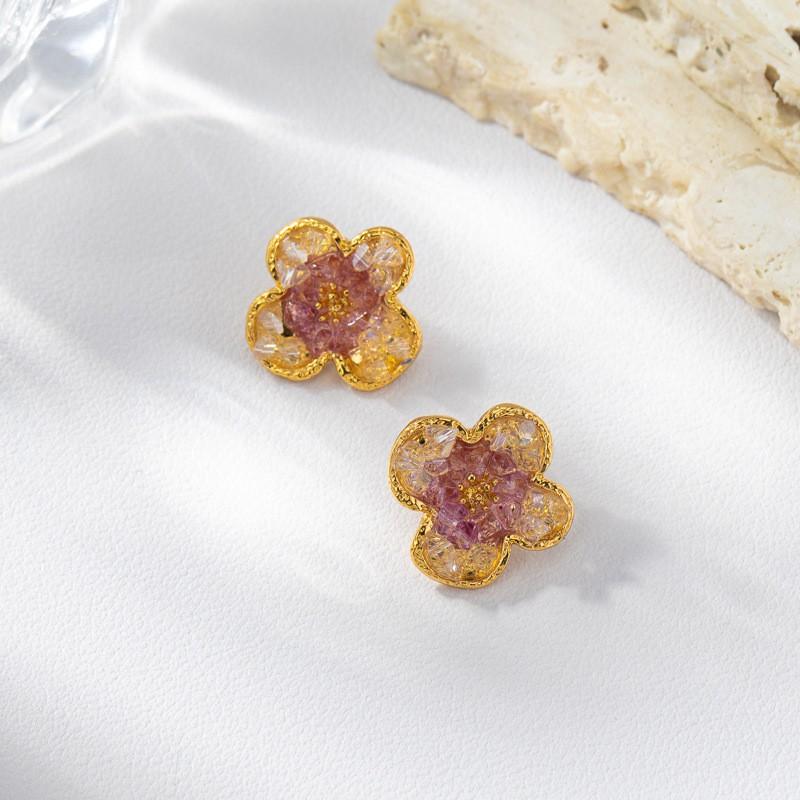 Elegant Floral Gradient Earrings With Crystal Accents Dainty Lightweight Studs Women Minimalist Chic Jewelry Red
