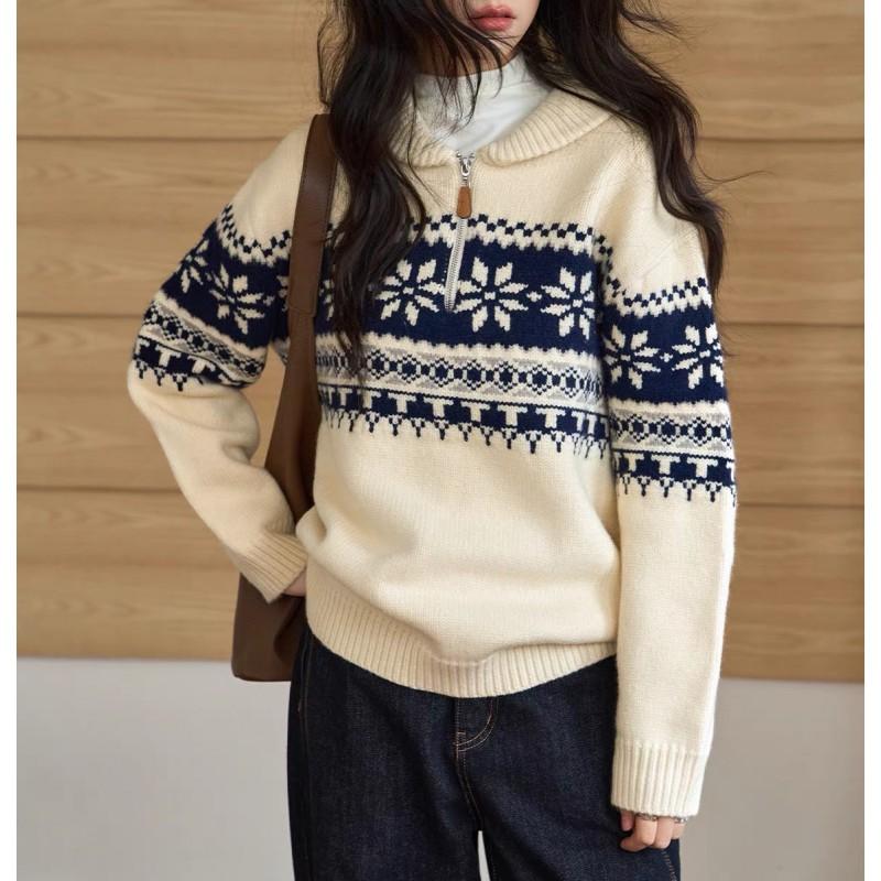 Womens Retro Fair Isle Knit Half-Zip Turtleneck Sweater Loose Oversized Winter Pullover